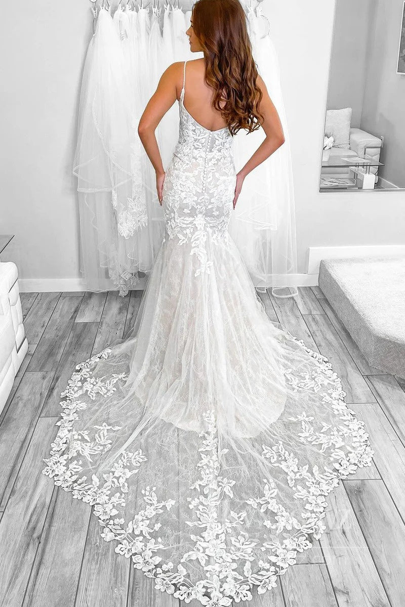Elegant Lace V-Neck Wedding Dress with Floral Detailing Bridal Gown HS536