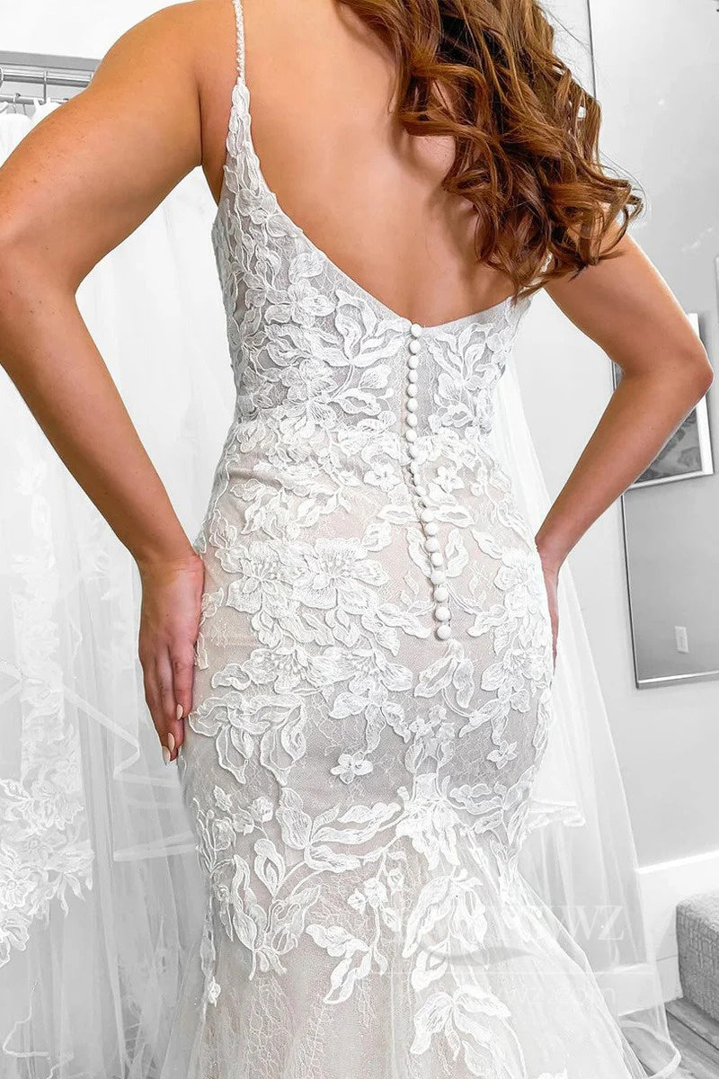 Elegant Lace V-Neck Wedding Dress with Floral Detailing Bridal Gown HS536