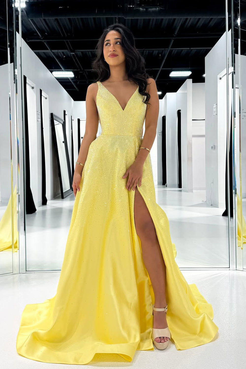 A-Line V Neck Yellow Beads Long Prom Dress Gown with Slit LF1271