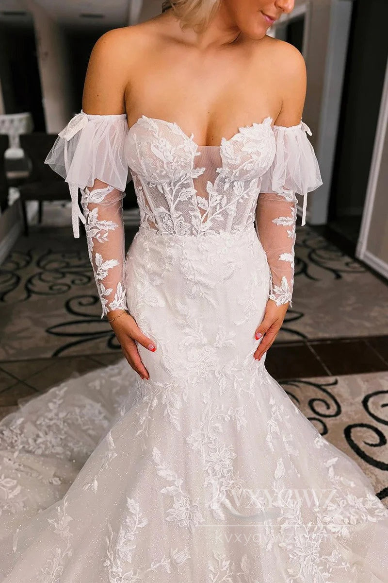 Stunning Off-Shoulder Lace Mermaid Wedding Dress with Long Sleeves Bridal Gown HS537