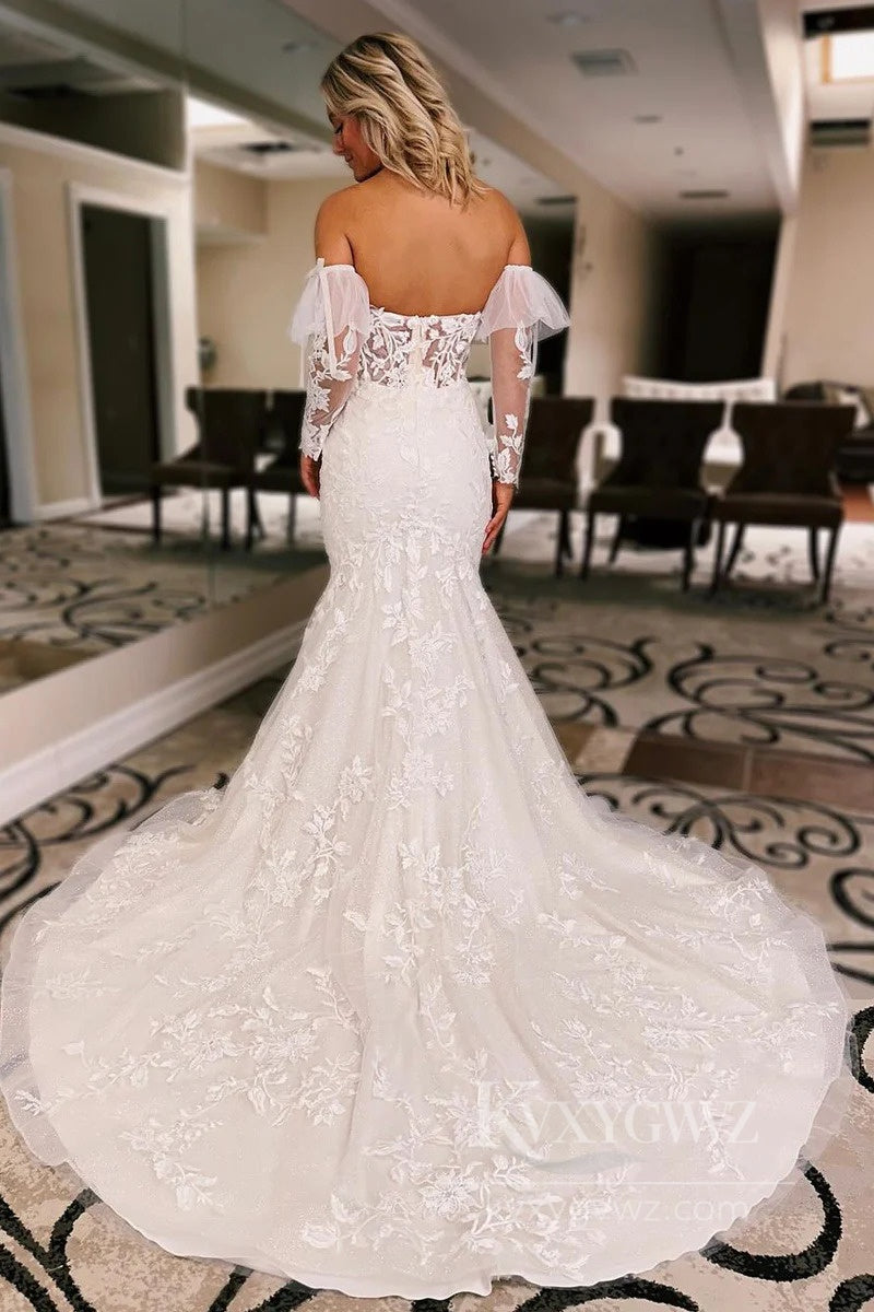 Stunning Off-Shoulder Lace Mermaid Wedding Dress with Long Sleeves Bridal Gown HS537