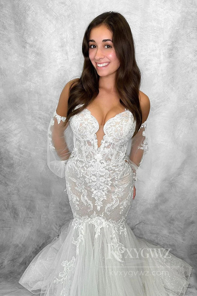 Elegant Sweetheart Lace Mermaid Wedding Dress with Long Sleeves Bridal Gown HS538