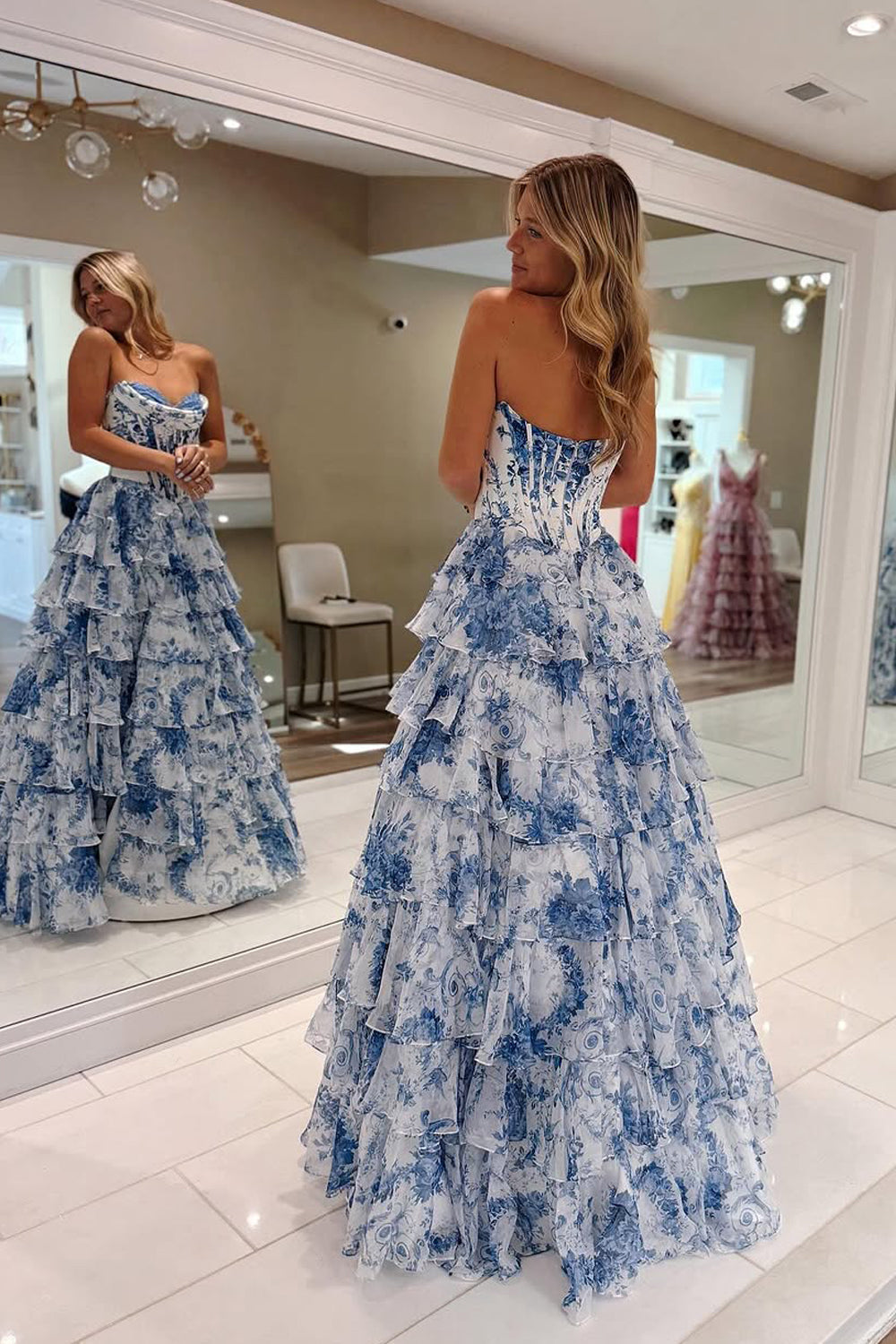 Princess A-Line Strapless Blue Floral Printed Chiffon Long Prom Dress Gown with Slit LF1359
