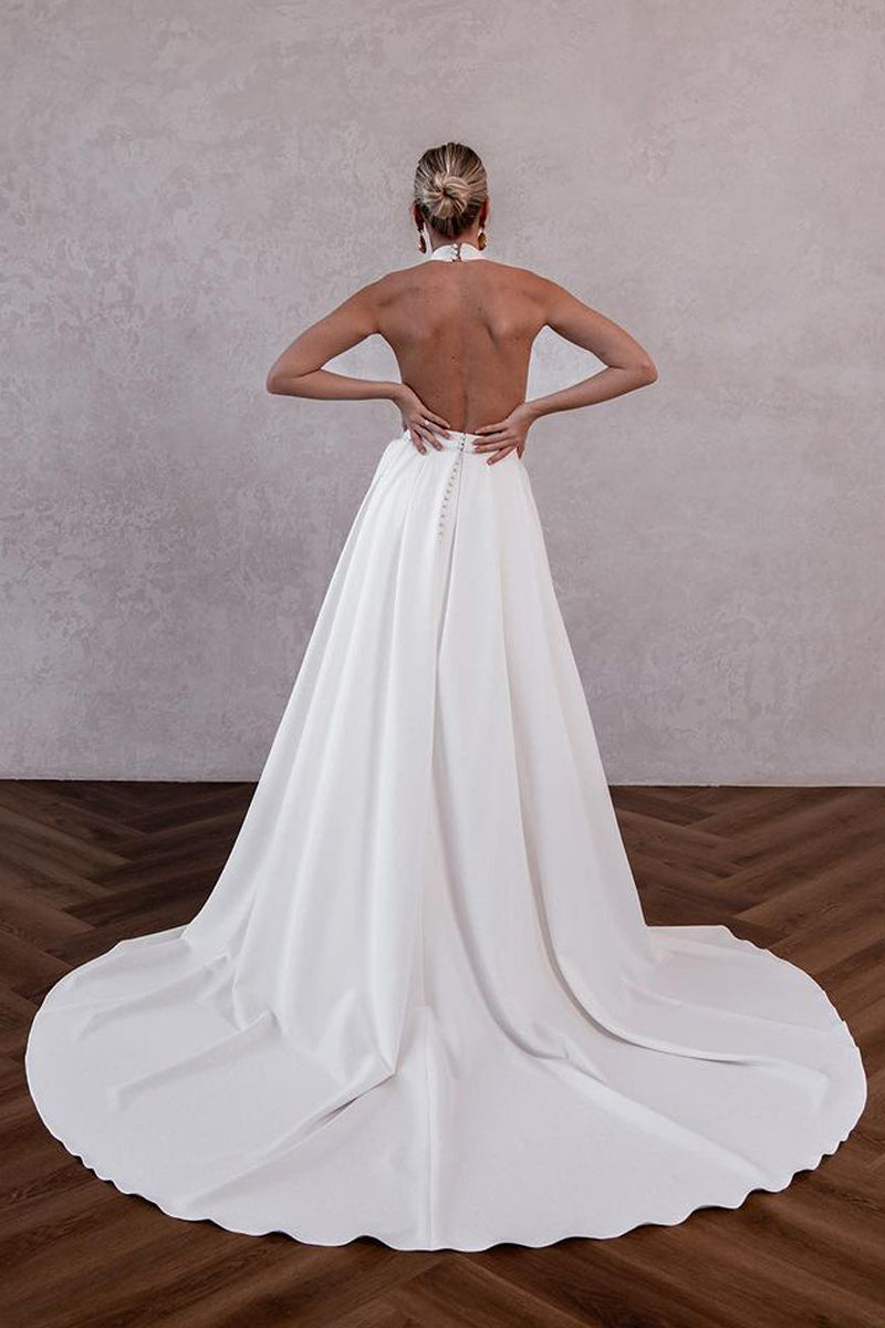 White Satin Halter Wedding Dresses/Gowns with Detachable Train HS23111105