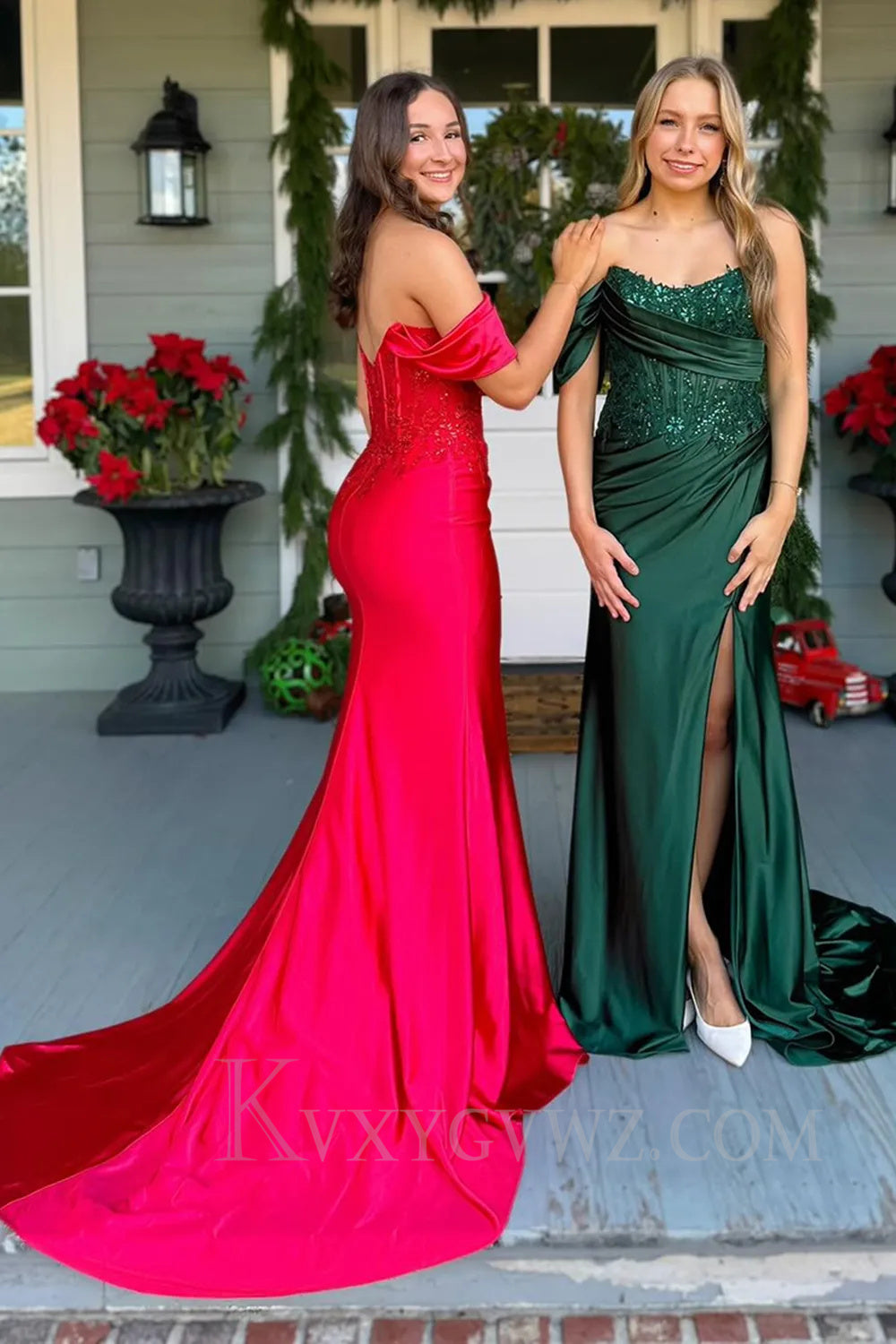 Sparkly Mermaid Dark Green Satin Prom Dress with Slit LF054