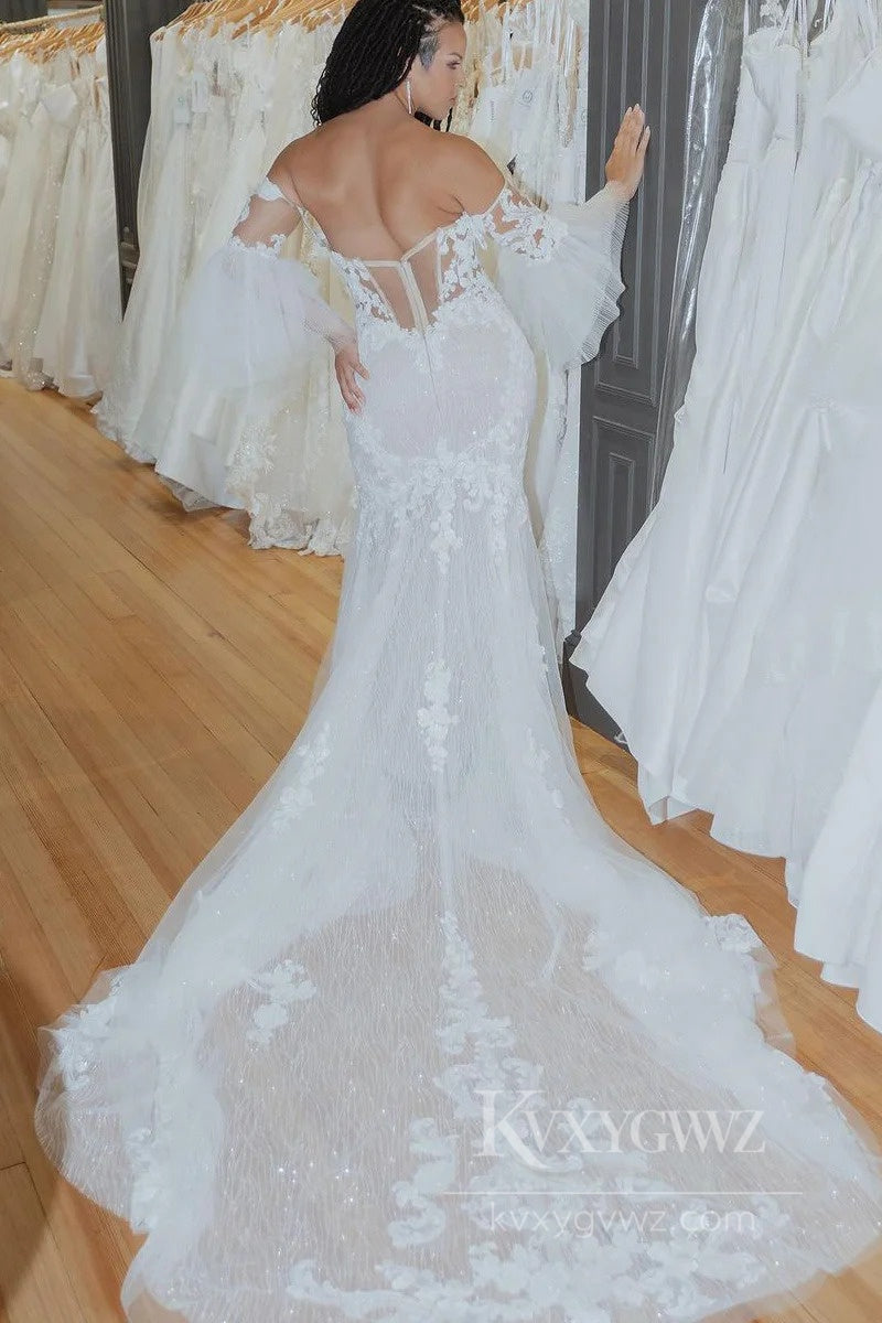 Romantic Strapless Lace Mermaid Wedding Dress with Bell Sleeves A Modern Vintage Bridal Gown HS540