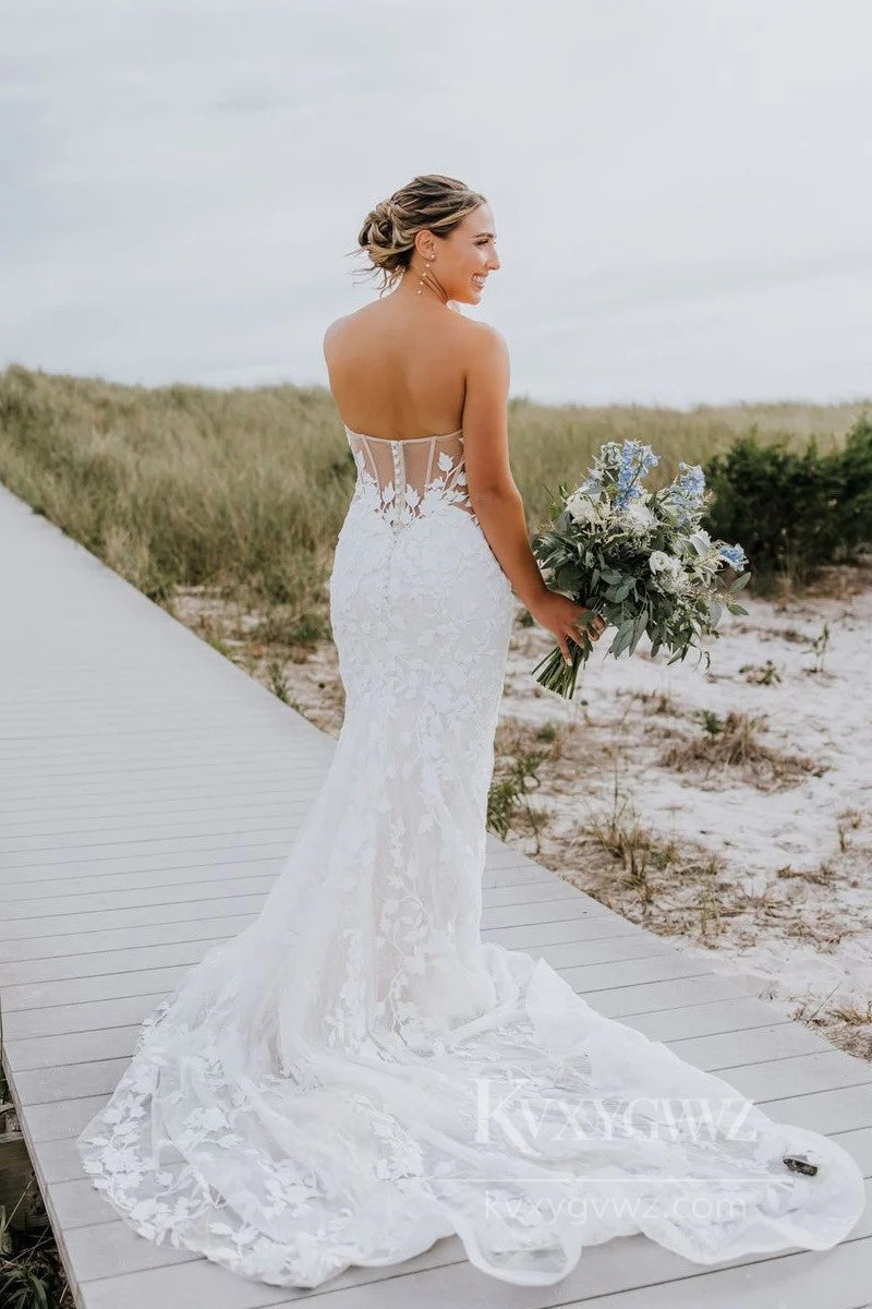 Strapless Long Sleeve Lace Mermaid Wedding Dress Elegant Romantic Bridal Gown HS541