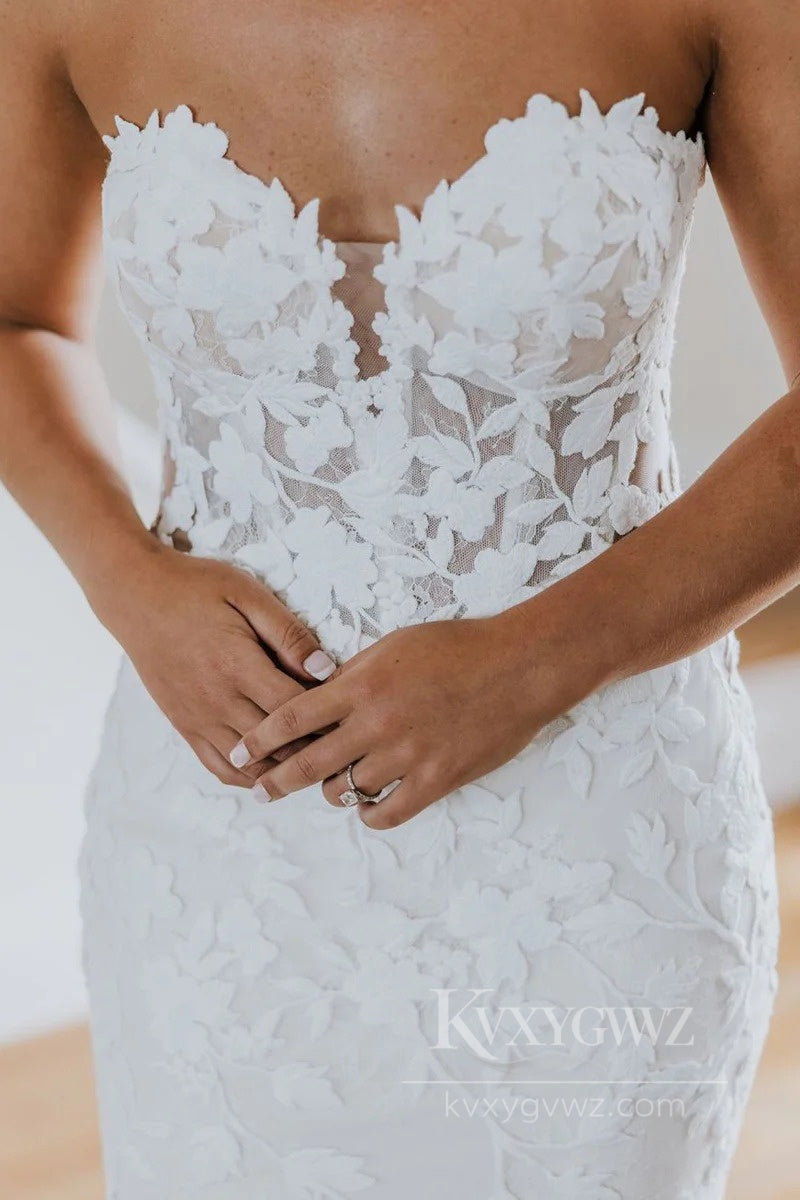Strapless Long Sleeve Lace Mermaid Wedding Dress Elegant Romantic Bridal Gown HS541