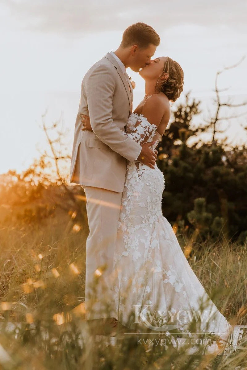 Strapless Long Sleeve Lace Mermaid Wedding Dress Elegant Romantic Bridal Gown HS541