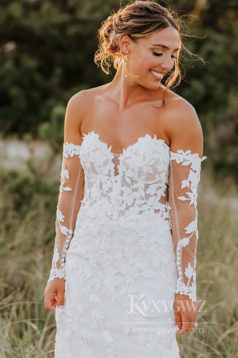 Strapless Long Sleeve Lace Mermaid Wedding Dress Elegant Romantic Bridal Gown HS541