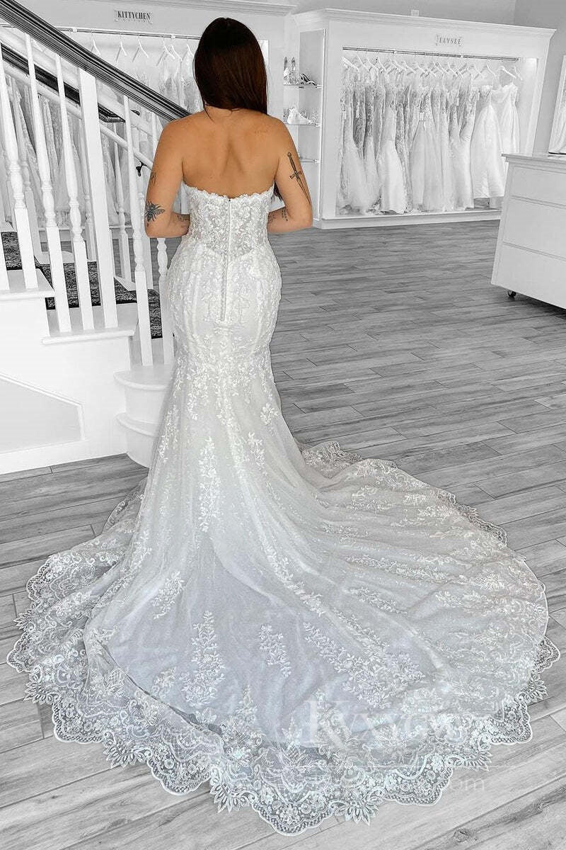 Classic Strapless Mermaid Lace Wedding Dress Sweetheart Sweep Train Bridal Gown HS542