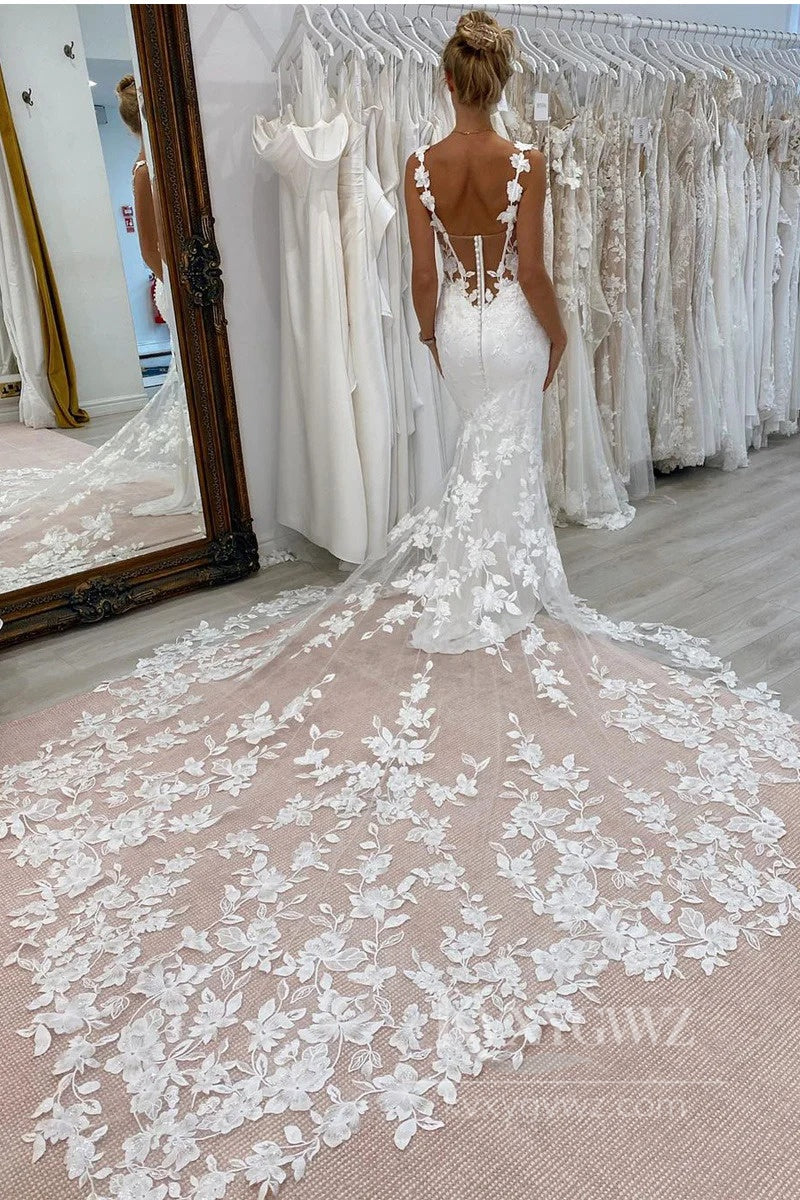 Elegant Lace Mermaid Wedding Dress with Floral Details & Delicate Spaghetti Straps Bridal Gown HS544
