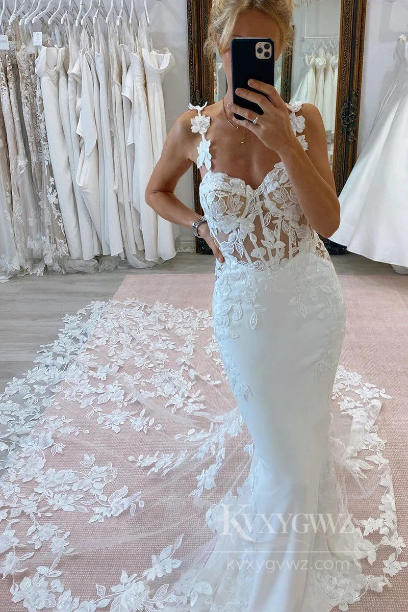 Elegant Lace Mermaid Wedding Dress with Floral Details & Delicate Spaghetti Straps Bridal Gown HS544