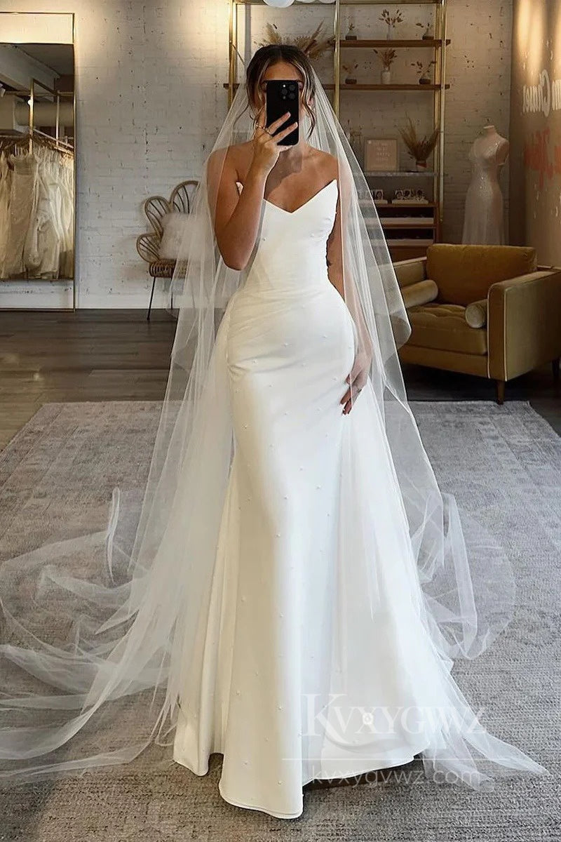 Elegant V-Neck Mermaid Wedding Dress Satin Sweep Train Bridal Gown HS545