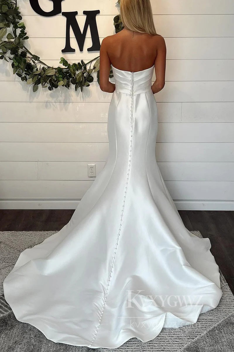 Elegant Strapless Satin Mermaid Wedding Gown with Dramatic Train Bridal Gown HS547