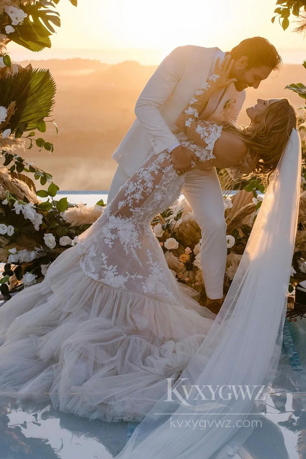 Enchanting Off-Shoulder Lace Wedding Dress with Dramatic Train Bridal Gown HS548