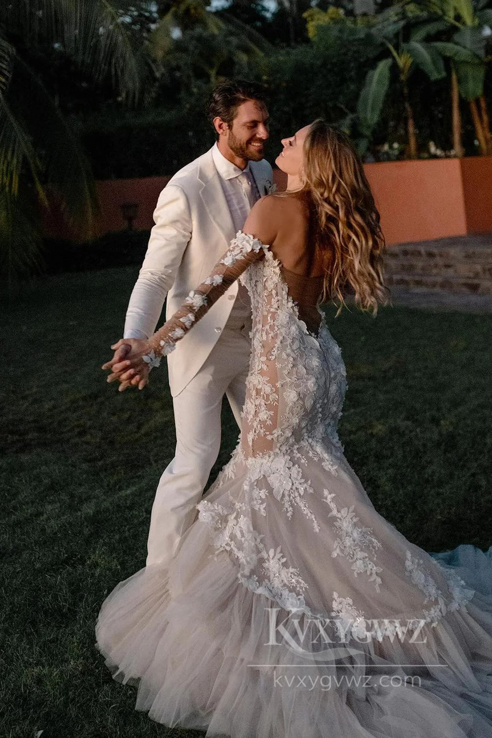 Enchanting Off-Shoulder Lace Wedding Dress with Dramatic Train Bridal Gown HS548
