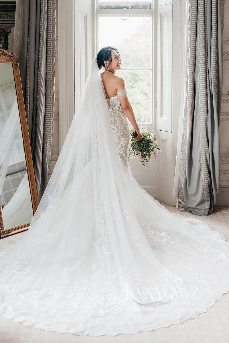 Exquisite Off-Shoulder Lace Wedding Gown with Dramatic Train Bridal Gown HS549