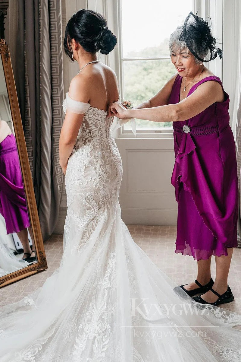 Exquisite Off-Shoulder Lace Wedding Gown with Dramatic Train Bridal Gown HS549