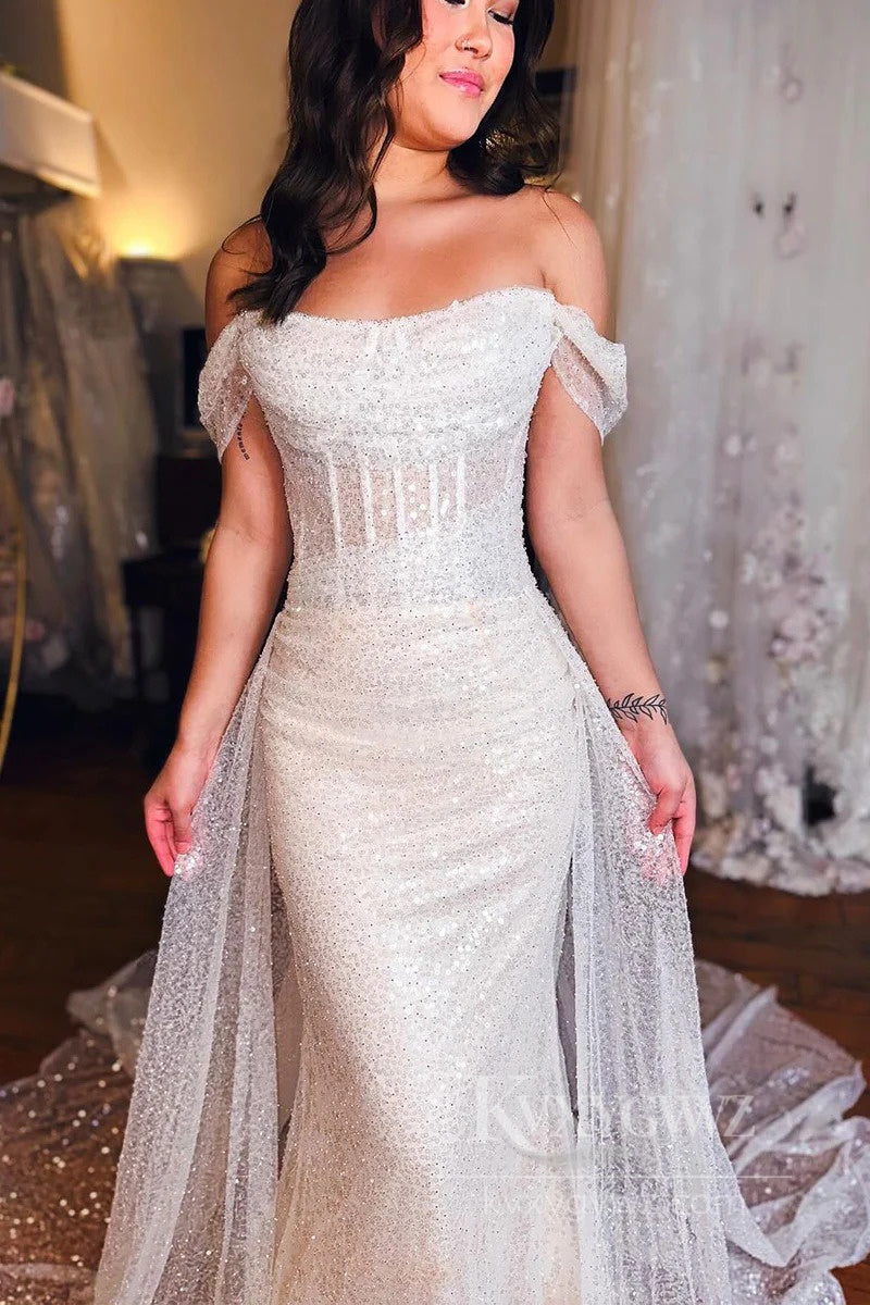 Sparkling Off-Shoulder Sequin Wedding Dress with Dramatic Train Bridal Gown HS550