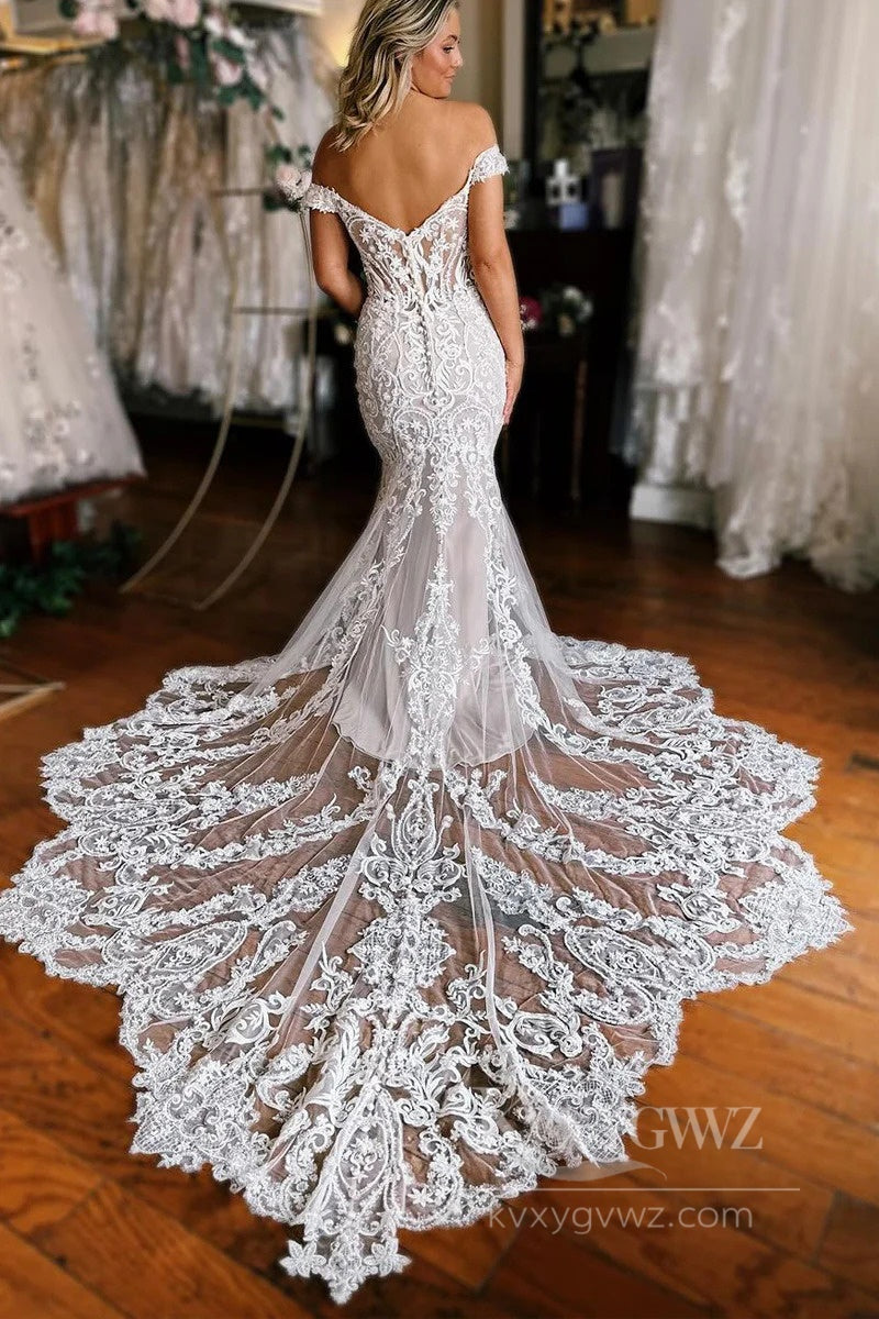 Dreamy Off-the-Shoulder Mermaid Wedding Dress with Chapel Train Bridal Gown HS552