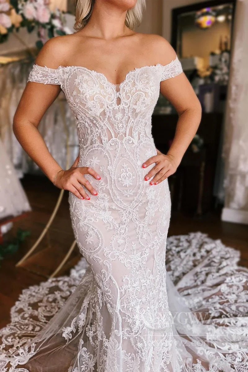 Dreamy Off-the-Shoulder Mermaid Wedding Dress with Chapel Train Bridal Gown HS552