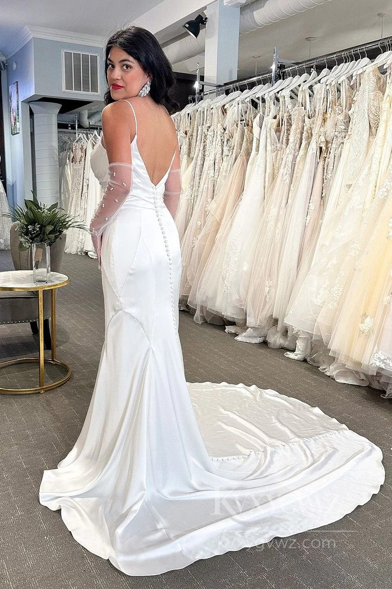 Lustrous Satin Spaghetti Strap Mermaid Gown with Chapel Train Bridal Gown HS553