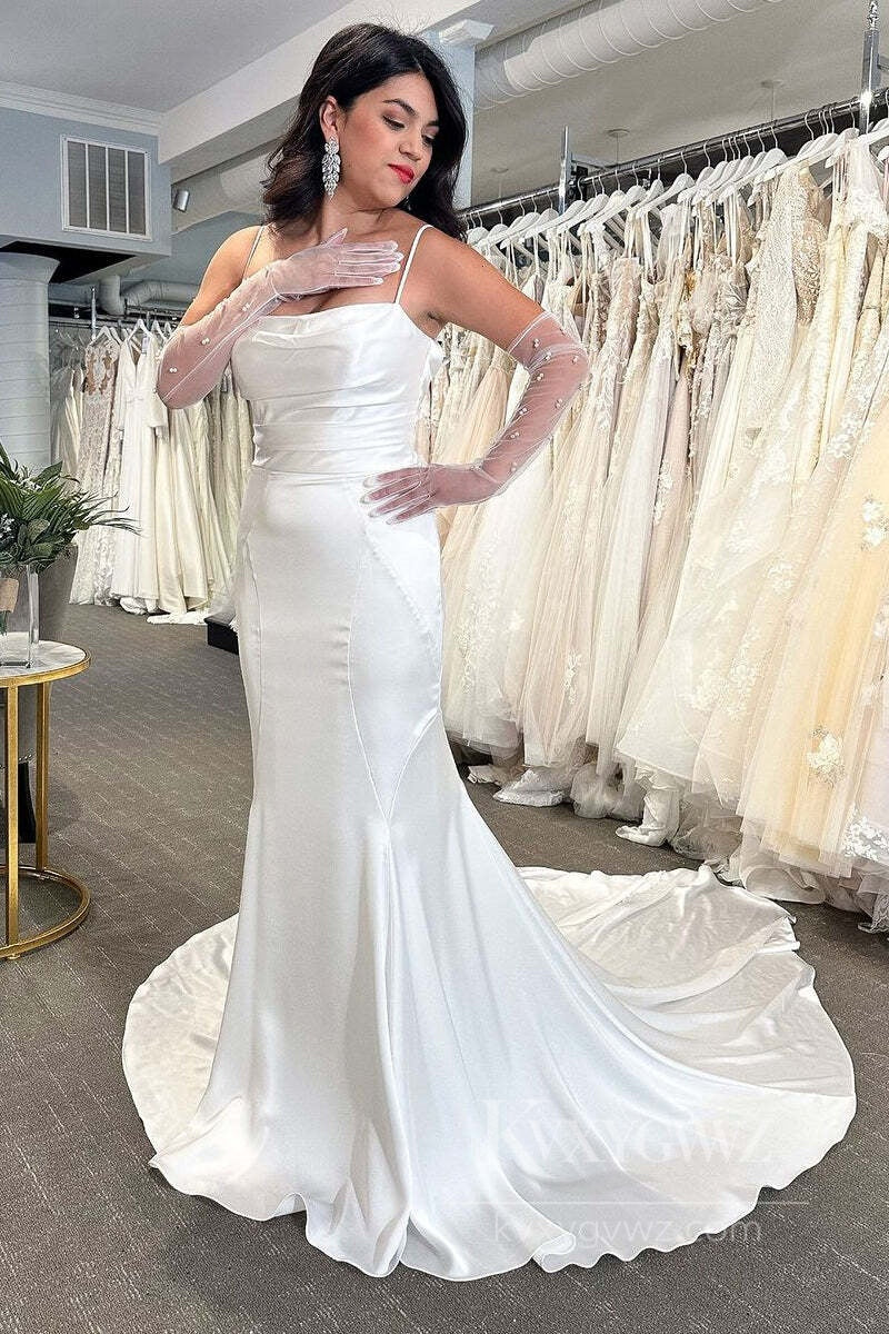 Lustrous Satin Spaghetti Strap Mermaid Gown with Chapel Train Bridal Gown HS553