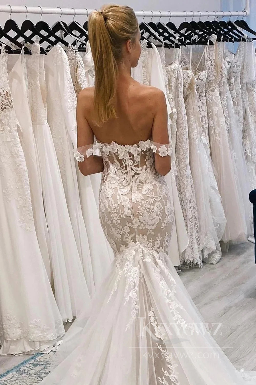 Dreamy Off-the-Shoulder Lace Wedding Dress with Royal Train Bridal Gown HS555