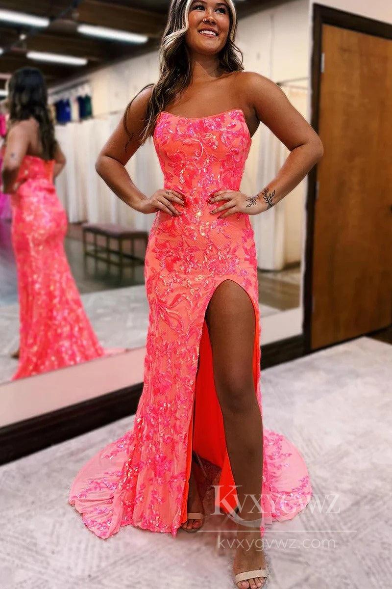 Dazzling Mermaid Strapless Evening Dresses Coral Sequin Lace Long Prom Dresses LF556