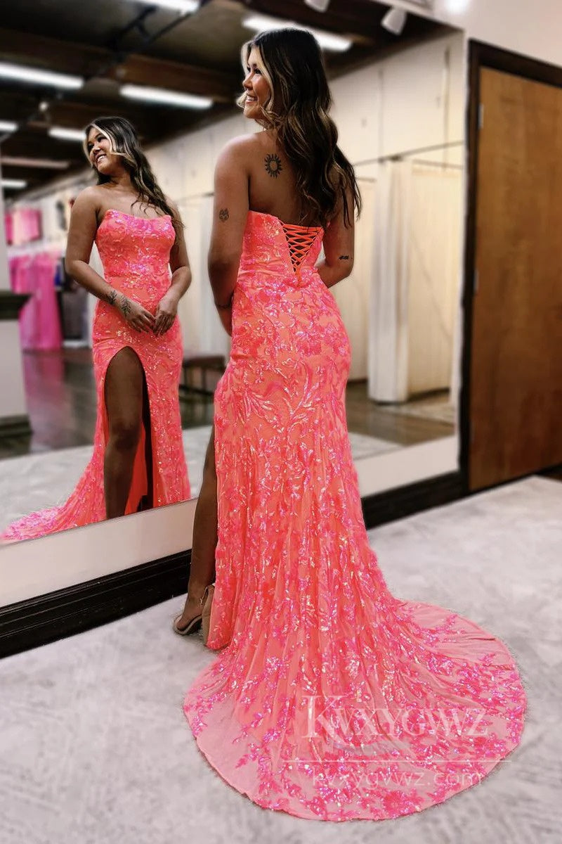 Dazzling Mermaid Strapless Evening Dresses Coral Sequin Lace Long Prom Dresses LF556