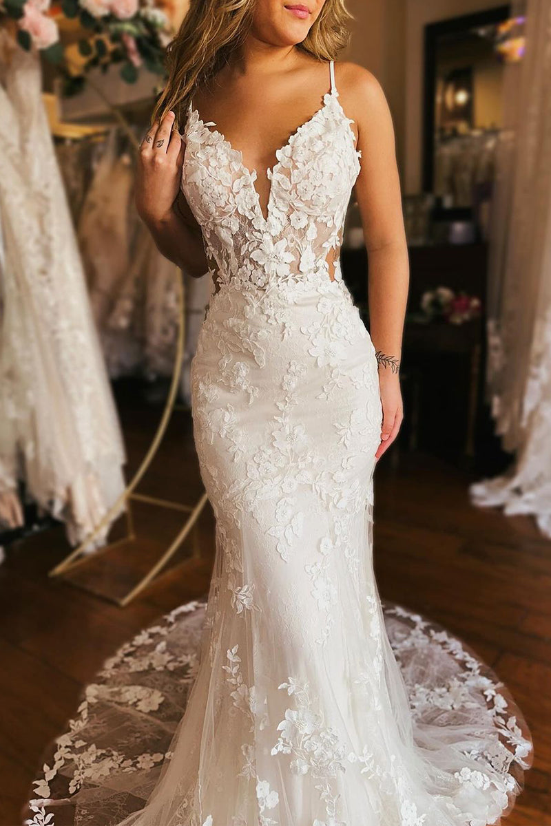 Elegant Mermaid V Neck Lace Wedding Dresses/Gowns HS24012001