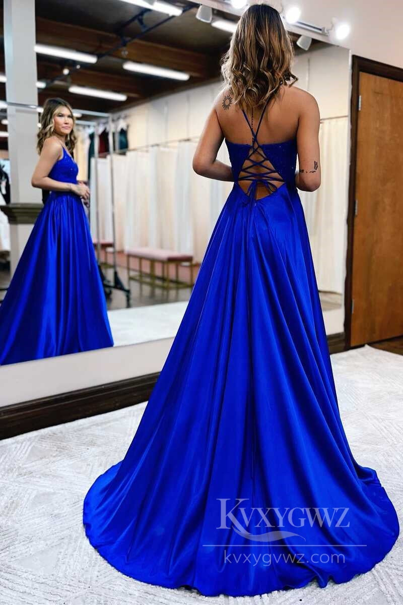 Lace & Liquid Satin Prom Dresses Strappy Slip with Floral Lace Evening Dresses LF557