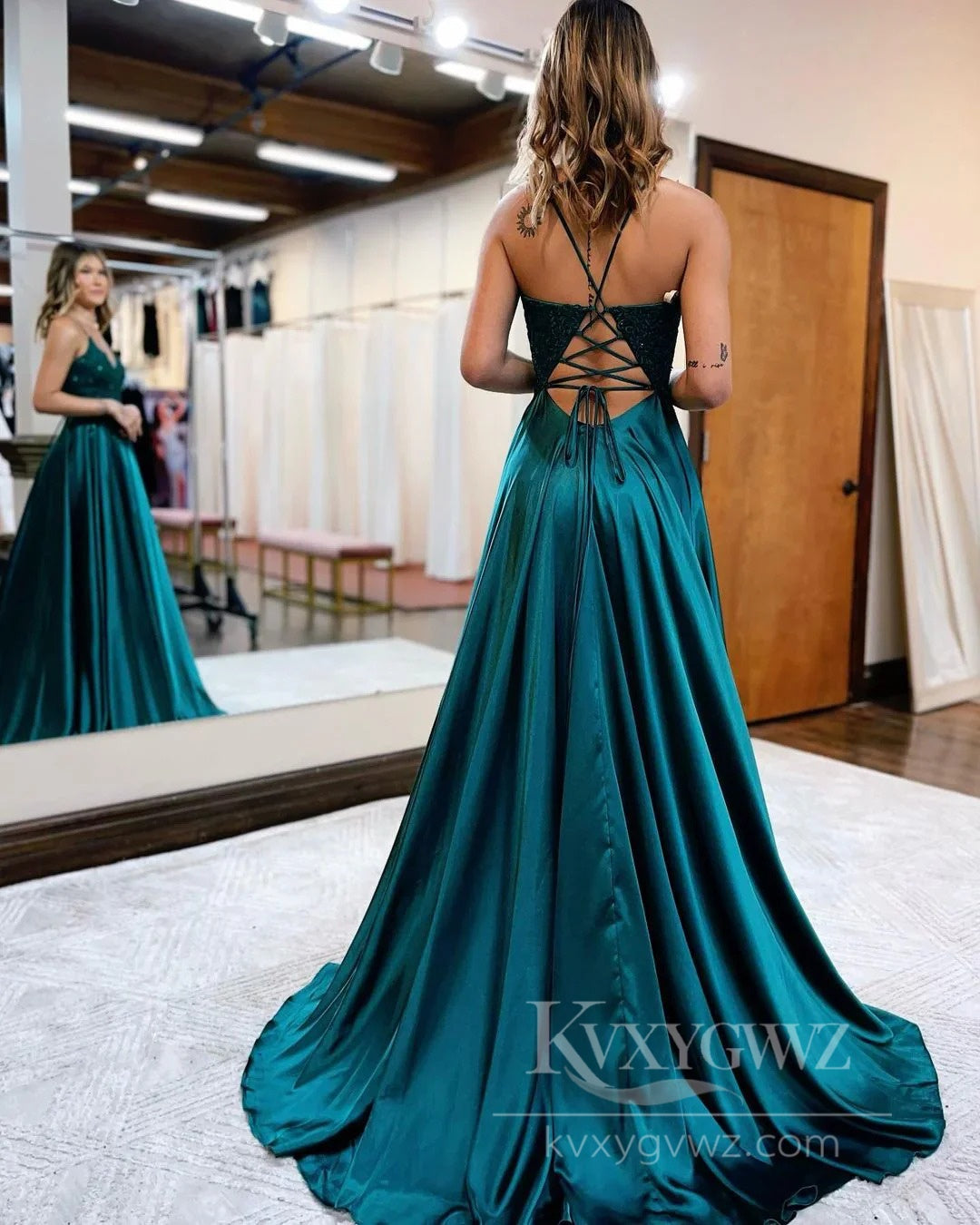 Lace & Liquid Satin Prom Dresses Strappy Slip with Floral Lace Evening Dresses LF557