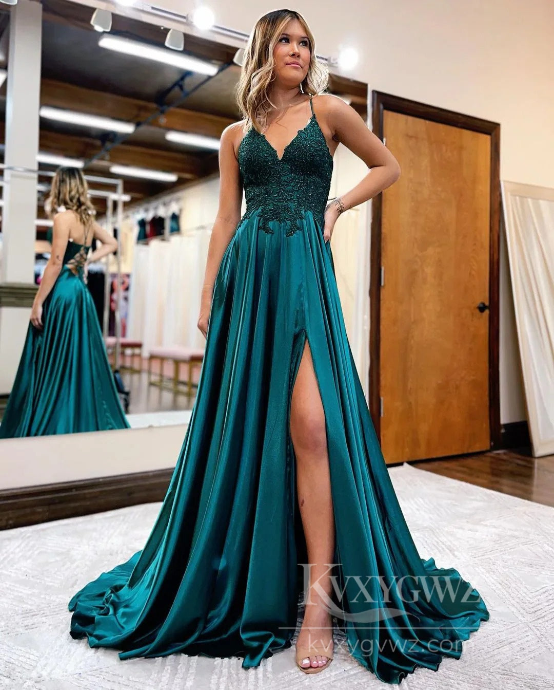 Lace & Liquid Satin Prom Dresses Strappy Slip with Floral Lace Evening Dresses LF557