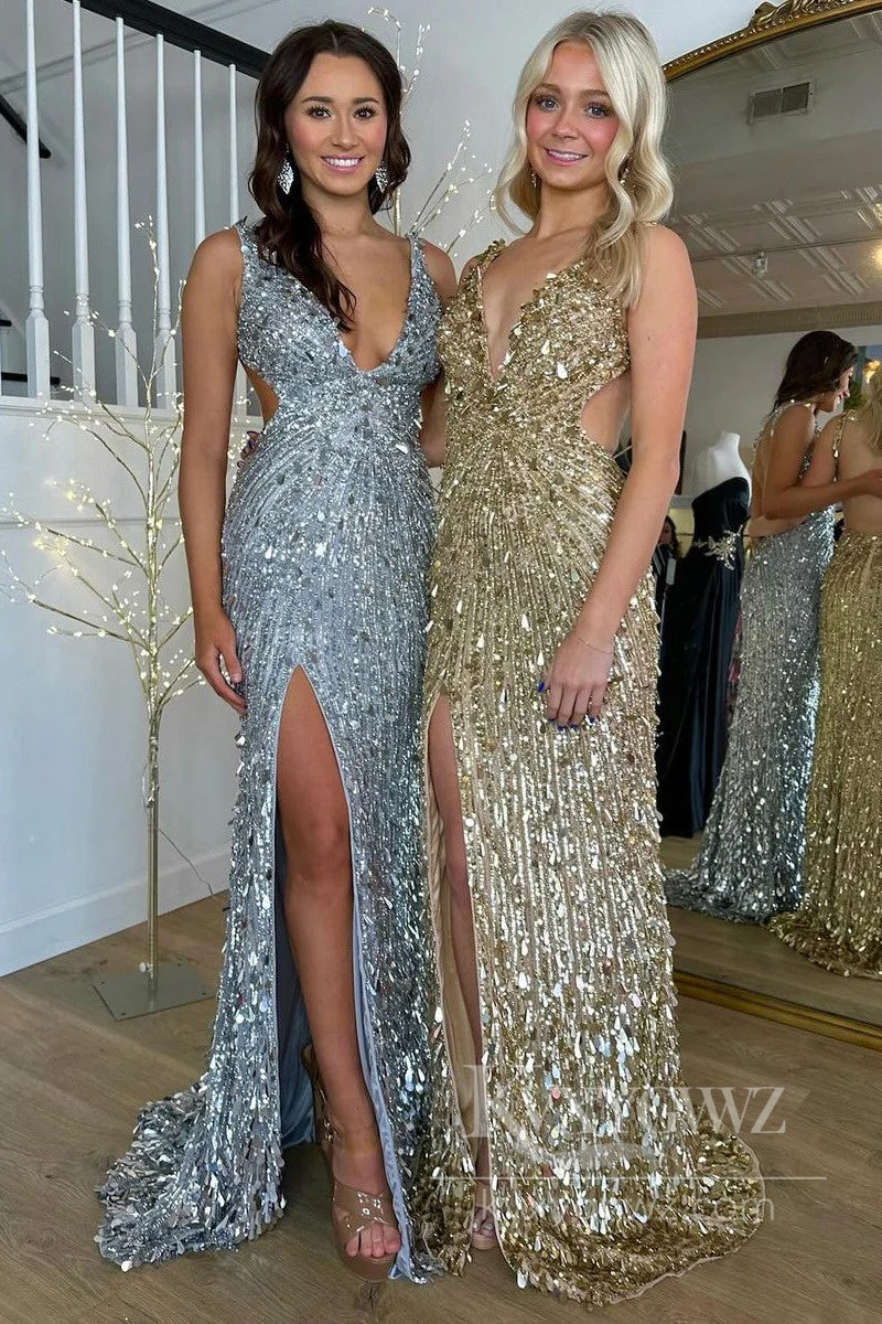 Sparkle and Shine Gold Evening Dress Glamorous Sequin Mermaid Prom Dress LF559