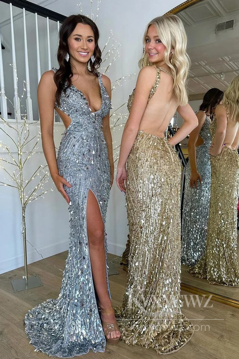 Sparkle and Shine Gold Evening Dress Glamorous Sequin Mermaid Prom Dress LF559