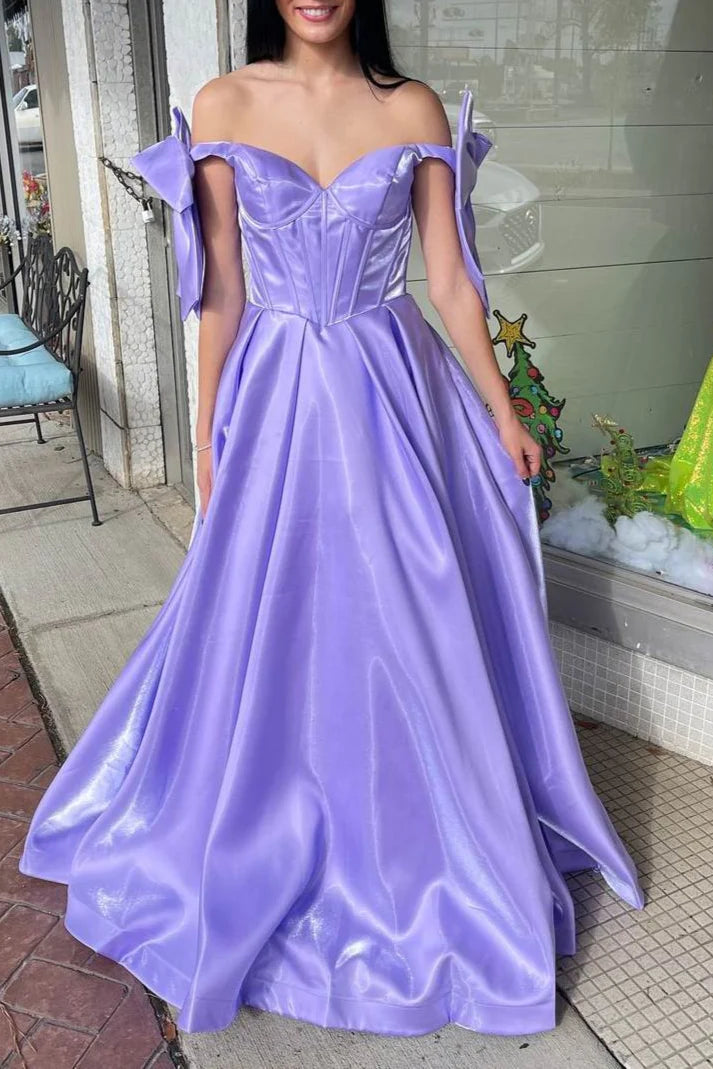 Fairy Ball Gown Off the Shoulder Pink Satin Prom Dress Gown with Bow LF1206