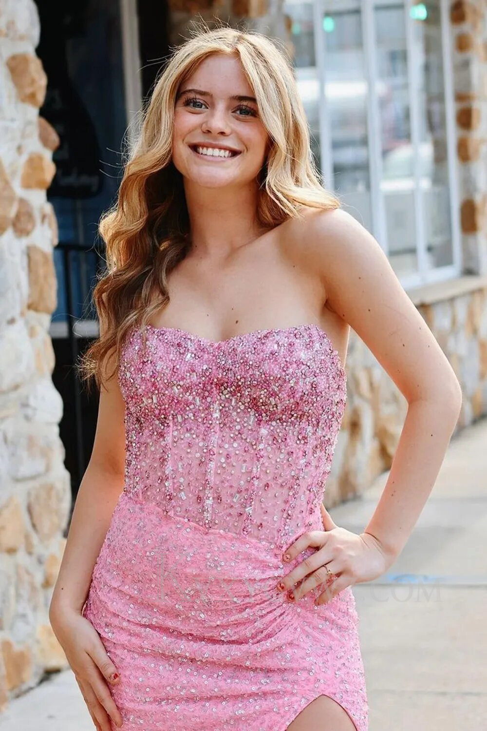 Sparkly Pink Mermaid Strapless Corset Long Prom Dress with Slit LF056