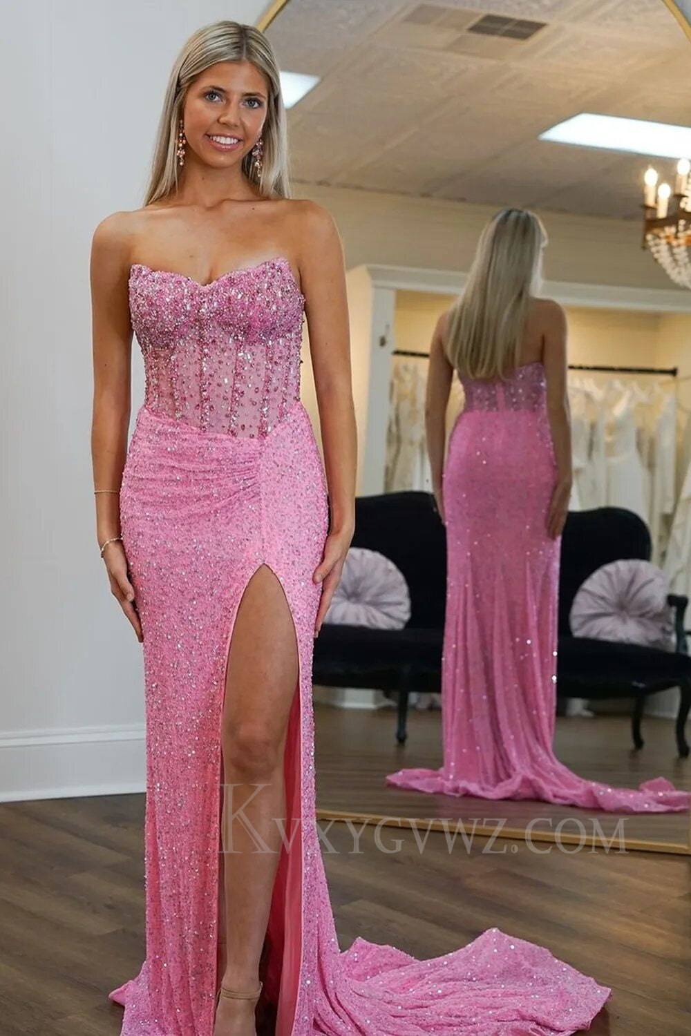 fitted lace wedding dress Sparkly Pink Corset High Slit Feather Prom Dress