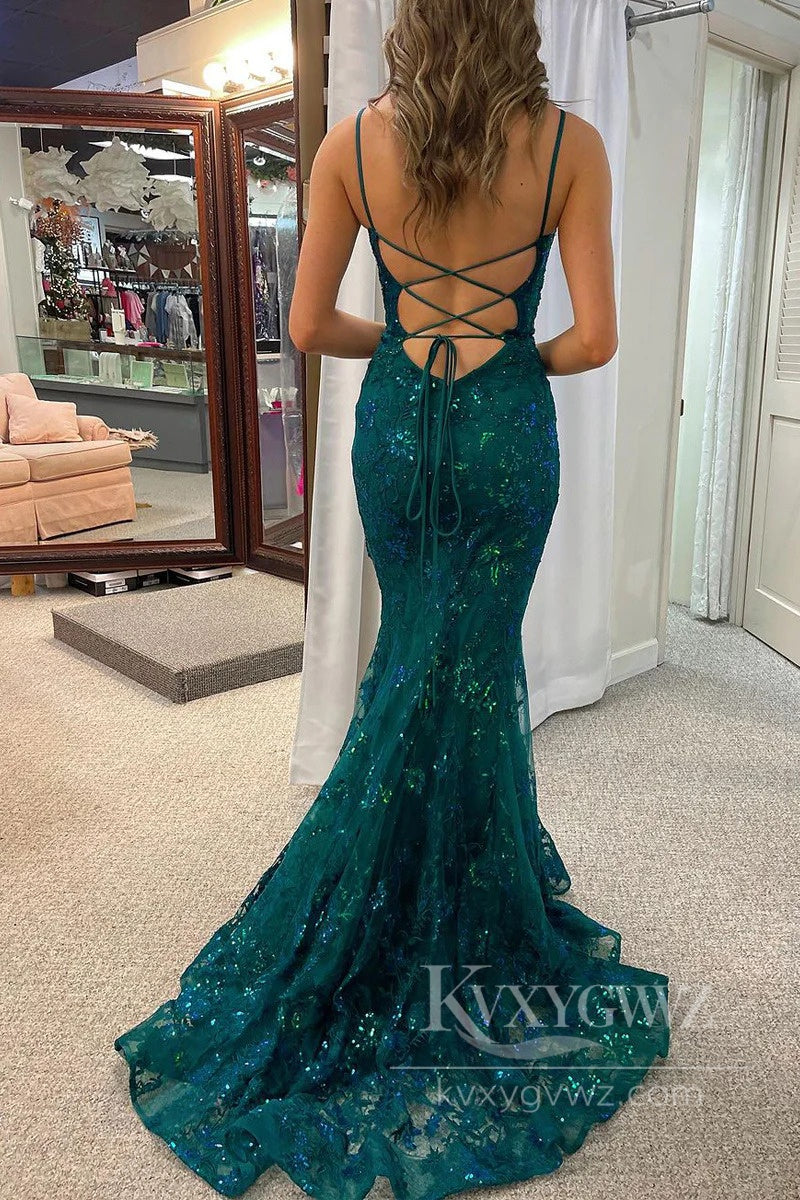 Dark Green Sequins Lace Evening Dress Spaghetti Strap Mermaid Long Prom Dress LF560