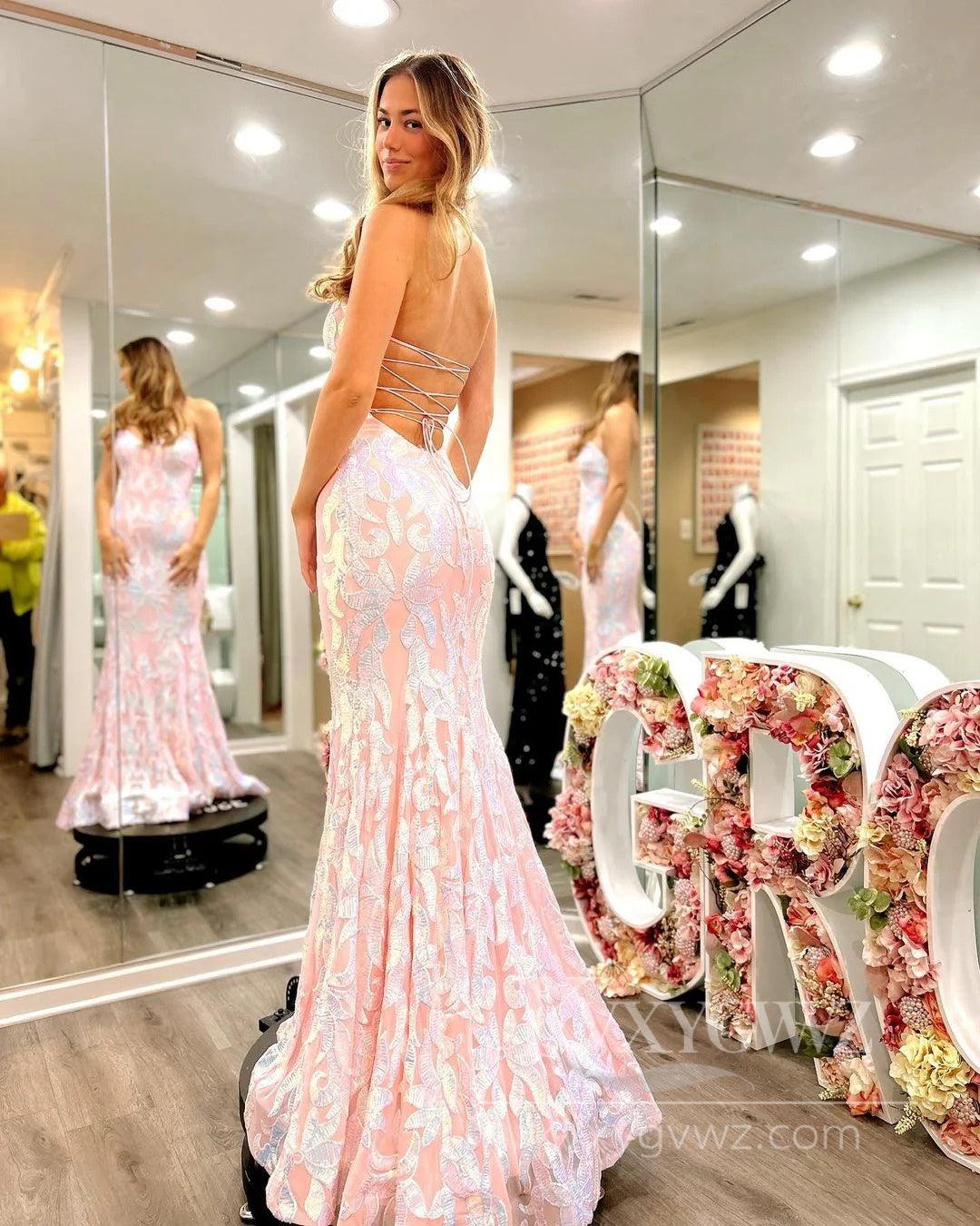 Strapless Mermaid Prom Dress Elegant Pink Sweep Train Evening Dress LF561