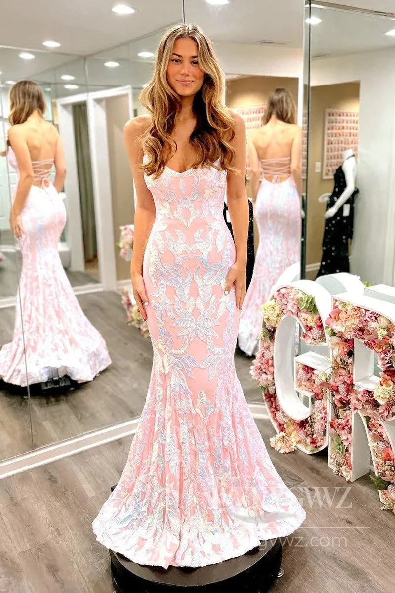 Strapless Mermaid Prom Dress Elegant Pink Sweep Train Evening Dress LF561