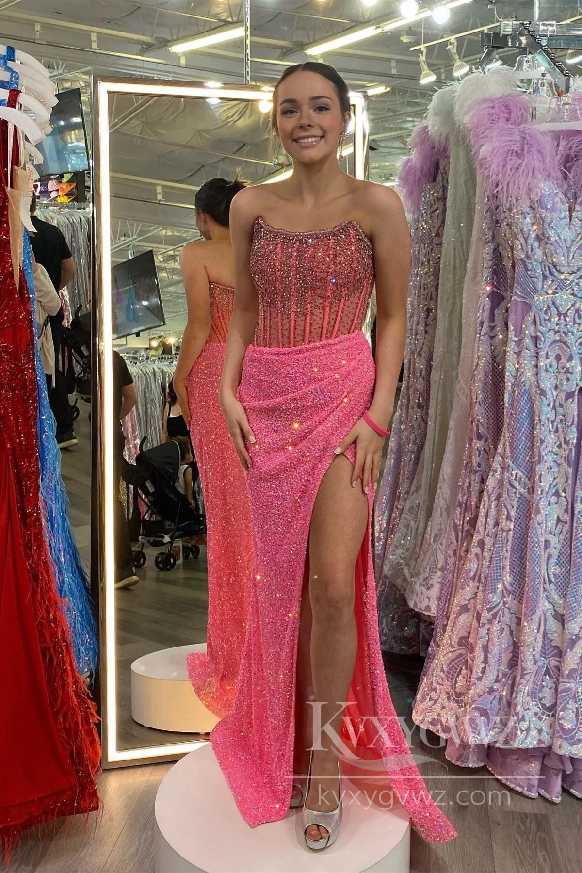 Black Strapless Sequins Mermaid Long Prom Dress with Slit Evening Dress LF562