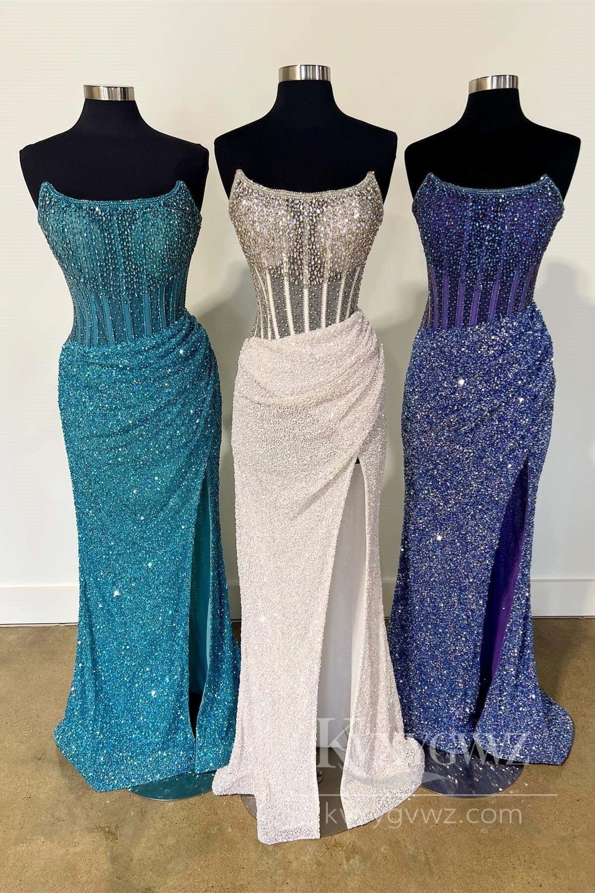 Black Strapless Sequins Mermaid Long Prom Dress with Slit Evening Dress LF562