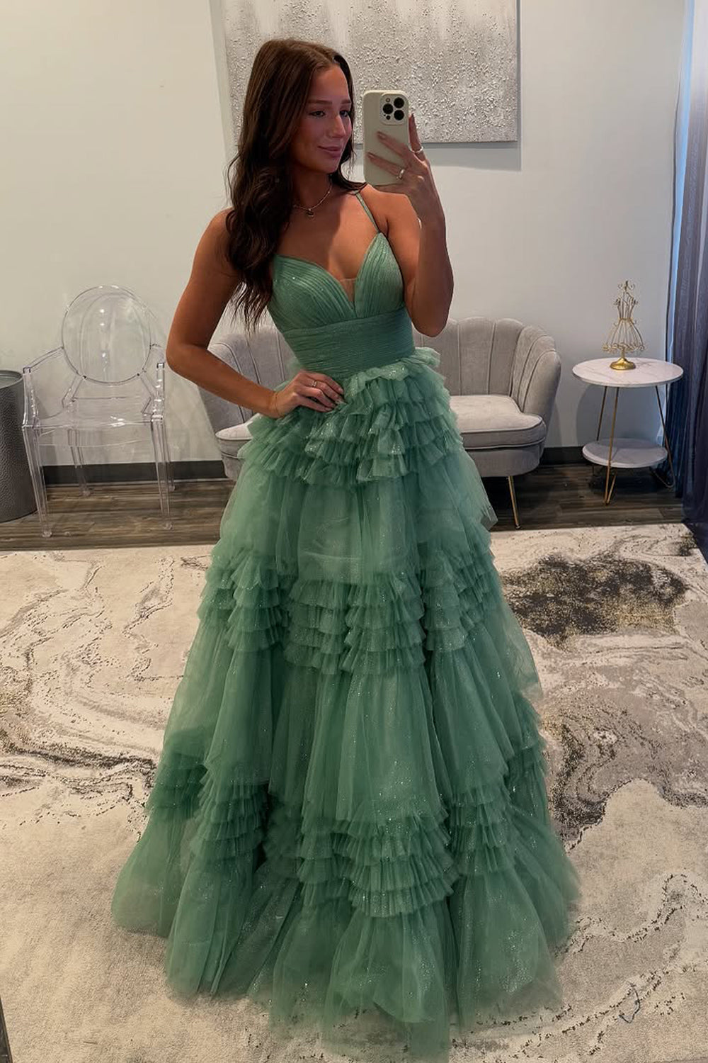 A-Line V Neck Sage Green Tulle Long Prom Dress Gown LF1336