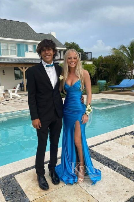 Elegant Mermaid Evening Dress Spaghetti Strap V Neck Blue Satin Slit Prom Dress LF564