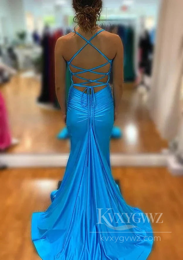 Elegant Mermaid Evening Dress Spaghetti Strap V Neck Blue Satin Slit Prom Dress LF564