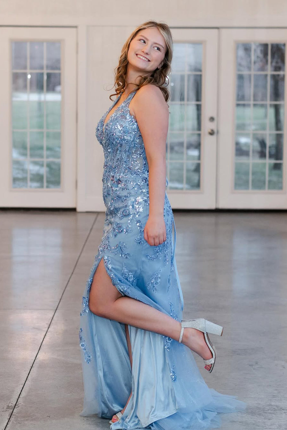 Mermaid Halter Blue Sequin Lace Long Prom Dress Gown with Slit LF1205