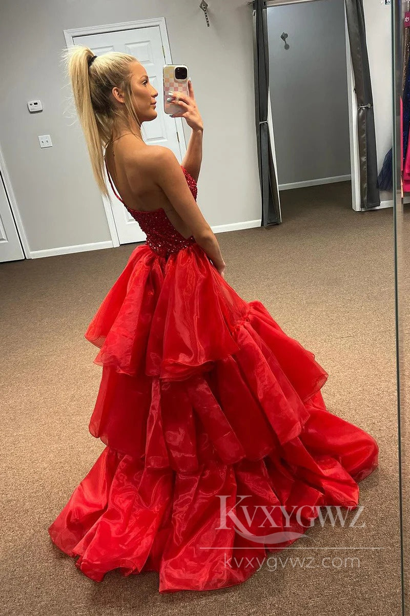 Red Hot Glamour Prom Dress One-Shoulder Sequin Mermaid Gown with Ruffled Train Evening Dress LF565